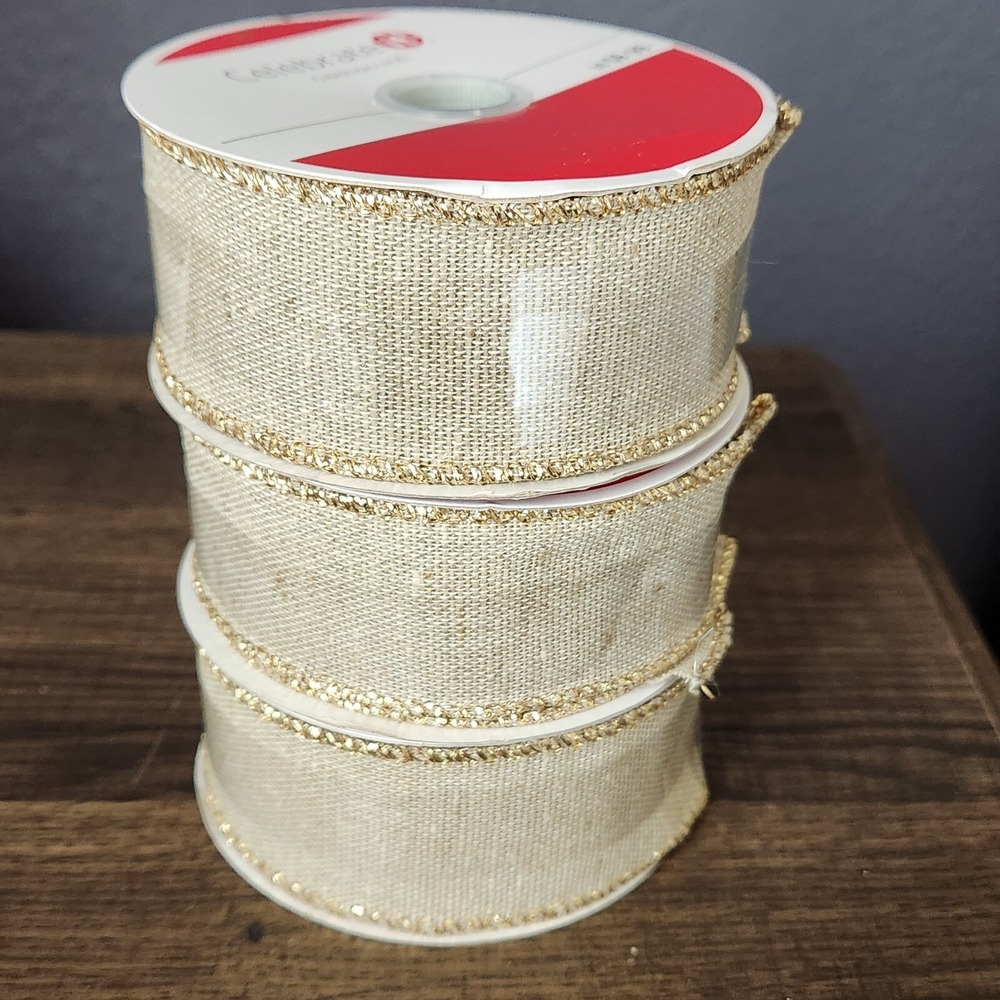 3 PC Set Celebrate It Christmas Ribbon Linen Natural 1 1/2" x 25ft Burlap